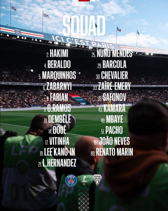 大巴黎公布对阵昂热大名单：登贝莱领衔，多纳鲁马继续缺阵